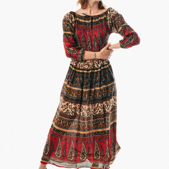 Colorful peasant maxi dress short sleeve off shoulder boho summer floral tie dye - Picture 1 of 5